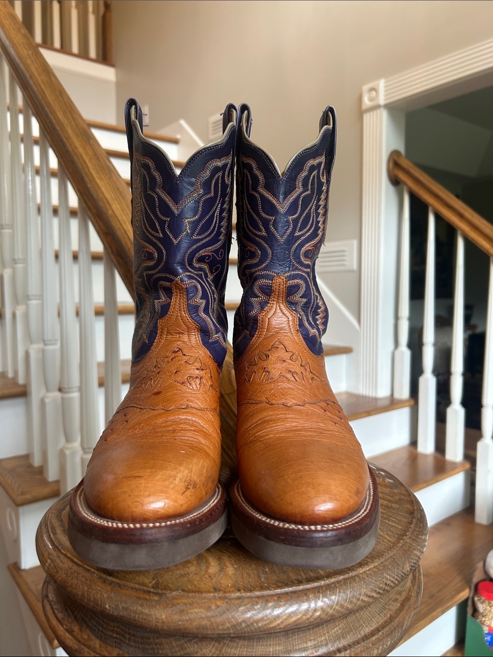 Authentic Vintage Lucchese 2000 Two-Tone Western Boots - Brown & Navy 8B Ostrich